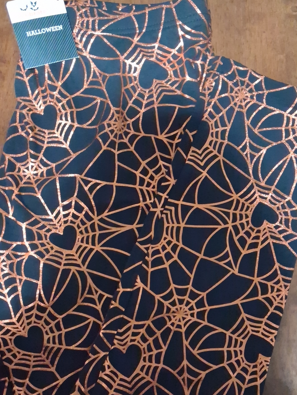 Halloween Kids Black Leggings with Metallic Copper Spiderweb Print